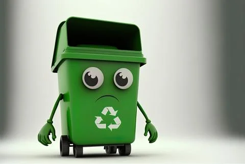 On a white backdrop, a recycle sign with a green garbage can figure mascot Stock Illustration