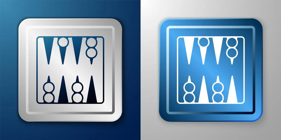 White Backgammon board icon isolated on blue and grey background. Silver and Illustrazione stock
