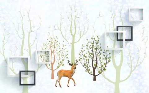 White background, abstract trees, square frames, deer with horns Stock Illustration