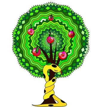 White background and the abstract apple tree with yellow snake Stock Illustration