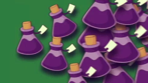 White background and bunch of purple flowers on orange wine bottles design it Stock Footage 337340904