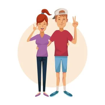 White background and circle beige with couple embraced and posing Stock Illustration