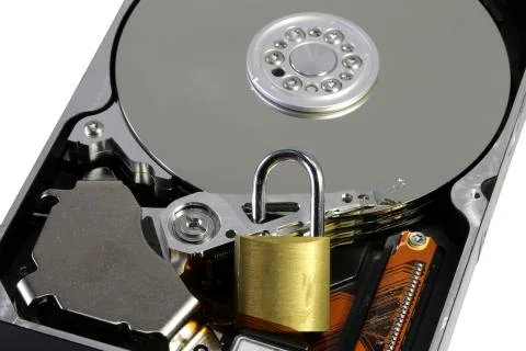 White background and hard disk of a computer with the padlock to make the dat Stock Photos
