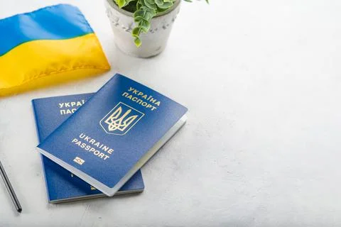 On a white background are two biometric Ukrainian passports and a small flag  Stock Photos