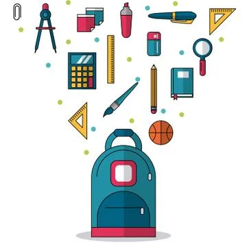 White background with backpack in closeup and colorful smaller icons of elements Stock Illustration