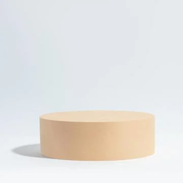 White background with beige podium. Background for goods, cosmetics. Stock Photos