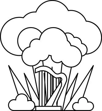 A white background with a black and white drawing of a cloud with a harp Stock Illustration