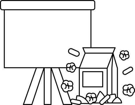 A white background with a black and white drawing of a box of popcorn Stock Illustration
