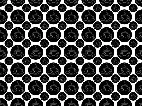 On white background black circles with white coffee cups silhouettes, seam... Stock Photos