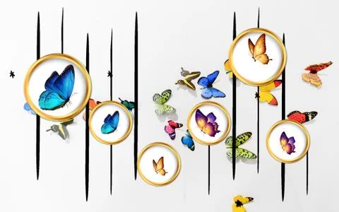 White background, black vertical stripes, multi-colored butterflies, gold rings Stock Illustration