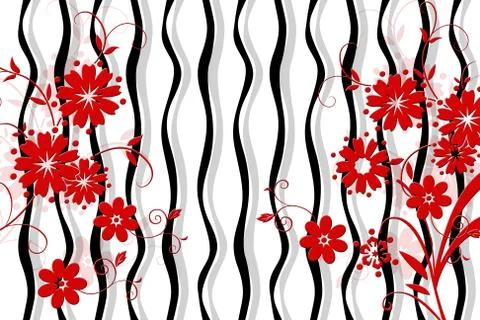 White background, black vertical wavy lines, large red drawn flowers Stock Illustration