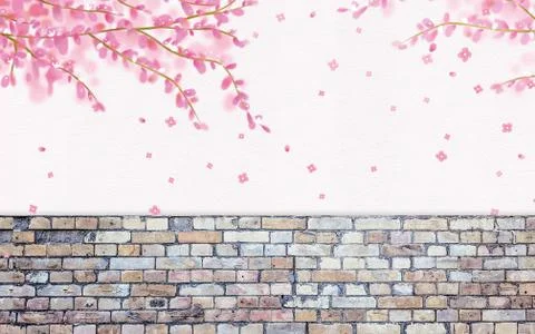 White background with brick wall, pink leaves and flowers on branches Stock Illustration