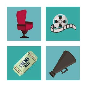 White background with cinema elements in frames as chair ticket reel and Stock Illustration