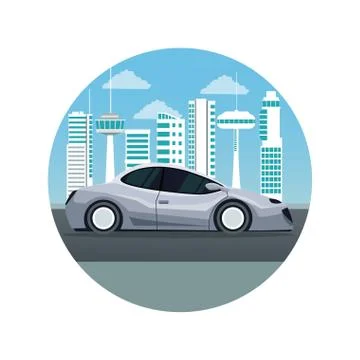 White background with circular frame futuristic city landscape silhouette with Ilustración de archivo