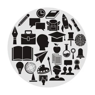 White background with circular frame with monochrome elements academic knowledge Stock Illustration