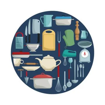 White background with color circular border with different elements kitchen Stock Illustration