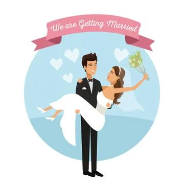 White background with color circular frame poster of newly married couple groom Ilustração Stock