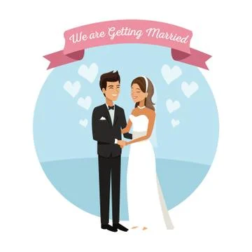 White background with color circular frame poster of newly married couple groom Ilustração Stock