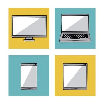 White background with color frames with icons in top view of tech devices Stock Illustration