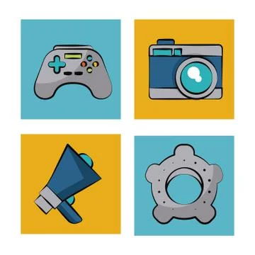 White background with color frames with icons of games and camera and megaphone Stock Illustration