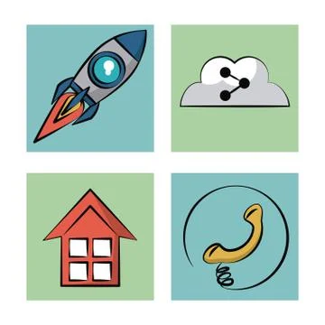White background with color frames with icons of rocket and cloud link and home Illustrazione stock