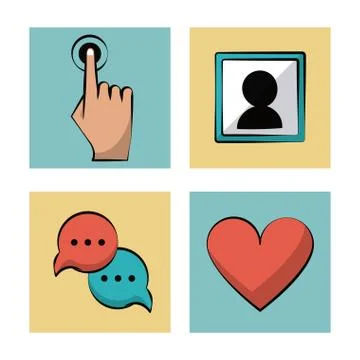 White background with color frames with icons of touch and picture and speech Illustrazione stock