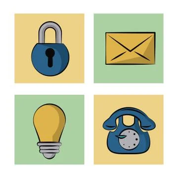 White background with color frames with icons of padlock and mail and light bulb Stock Illustration