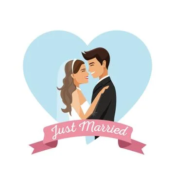 White background with color heart shape frame poster of couple just married Ilustração Stock