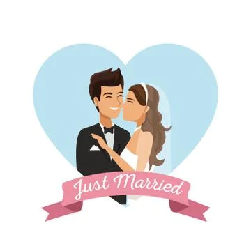 White background with color heart shape frame poster of couple just married Ilustração Stock