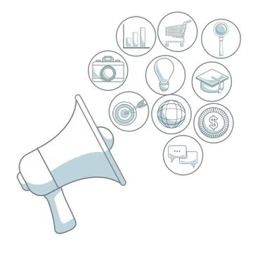White background with color sections of closeup megaphone of diffusion icons Stock Illustration