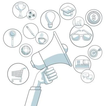 White background with color sections of hand holding megaphone of diffusion Stock Illustration
