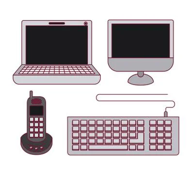 White background with color silhouette computer and phone office tech Stock Illustration
