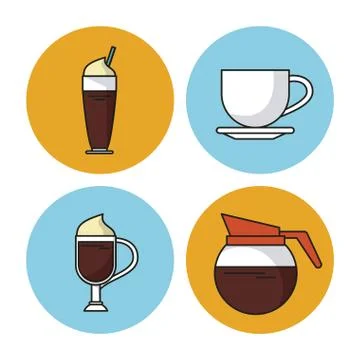 White background with colorful circular frames with icons of different drinks 스톡 일러스트