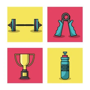 White background with colorful set of frames of weightlifting elements Stockillustratie
