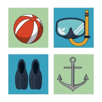 White background with colorful squares with elements beach vacation Stock Illustration