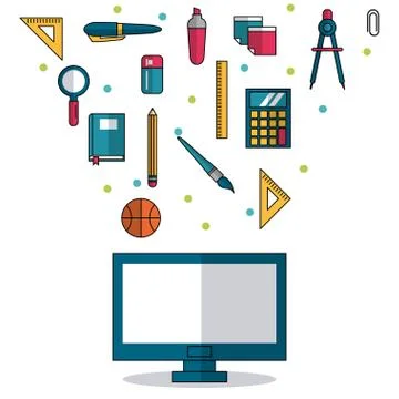 White background with computer in closeup and colorful smaller icons of elements イラスト素材