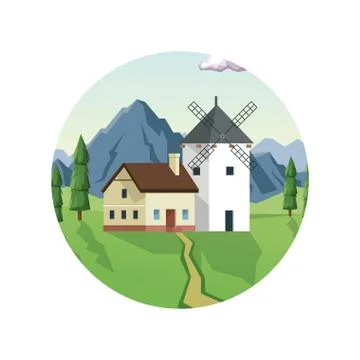 White background with daytime landscape in round frames with field and mountains Stock Illustration