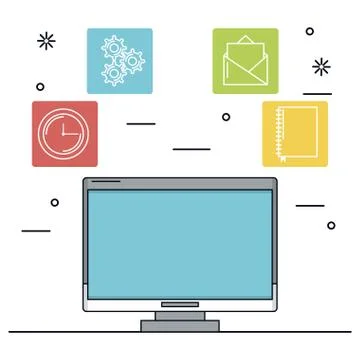 White background with desktop computer in closeup and icons apps in color Stock Illustration