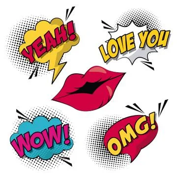 White background elements pop art style with halftone and lips with callout and Stock Illustration