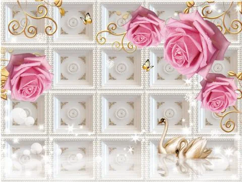 White background, embossed tile, pink roses with water drops, two swans Stock Illustration