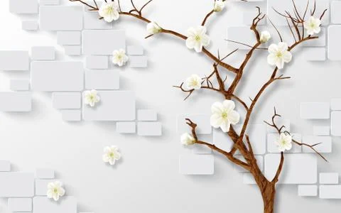 White background, flowering tree with large white flowers Stock Illustration