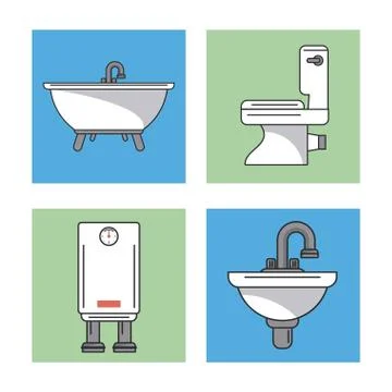 White background with frames of bathroom elements as sinks and water heater and Stock Illustration