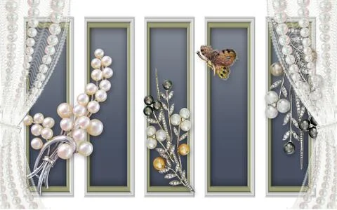 White background with frames, curtains, large abstract jewelry pearl flowers Stock Illustration