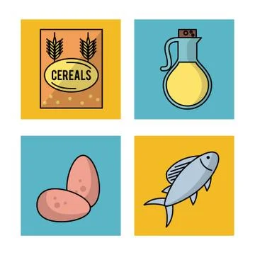 White background with frames of foods how cereals eggs fish and olive oil Stock Illustration