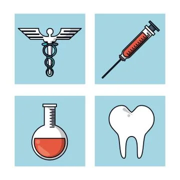 White background with frames with medicine symbol and syringe and tooth and test 스톡 일러스트