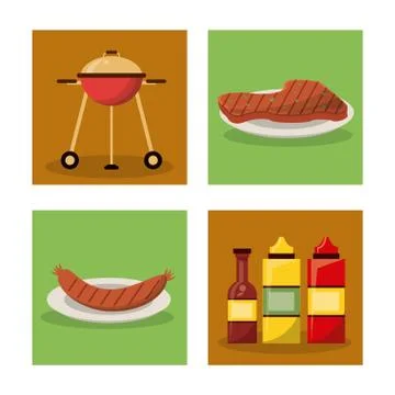 White background with frames of picnic elements with grill and sausage and meat Stock Illustration