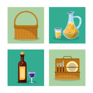 White background with frames of picnic elements with picnic basket and wine 스톡 일러스트