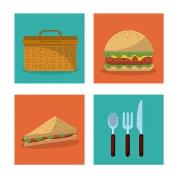 White background with frames of picnic elements with picnic basket burger and Stock Illustration