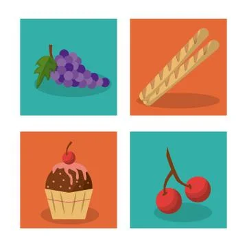 White background with frames of picnic elements with bunch of grapes and french Stock Illustration