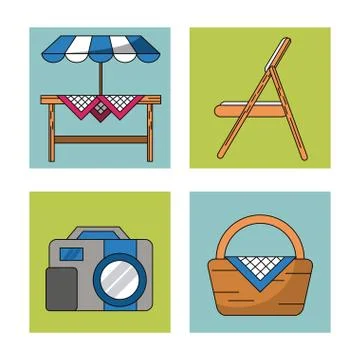 White background with frames of picnic elements with table with sunshade chair Stock Illustration